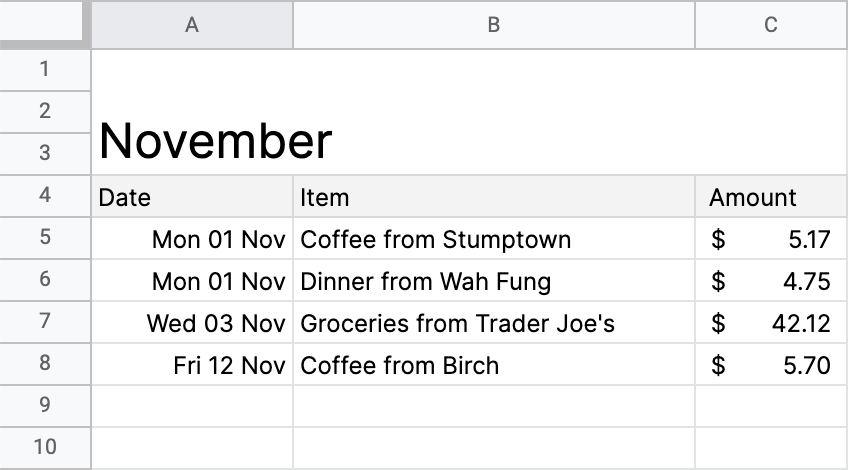 Screenshot of my expense tracker's month page